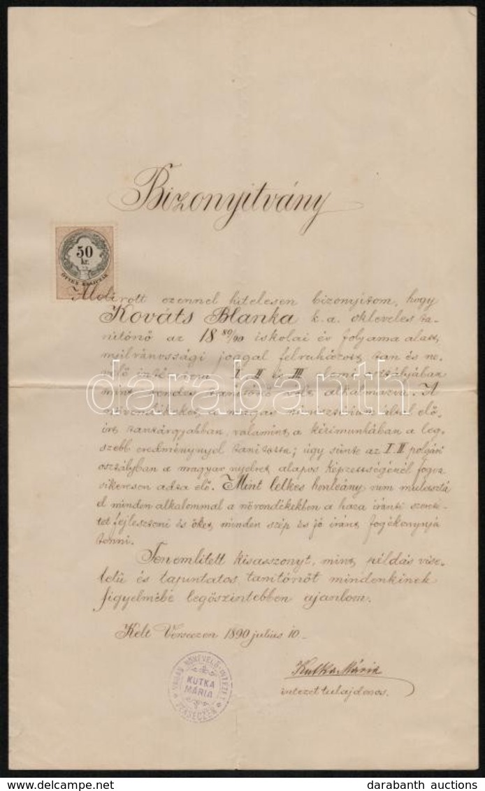 1890 Verseci Kutka Mária Magánnevel? Intézet Ajánló  Levele Tanítón? Részére, Kutka Mária Intézet Tulajdonos és Vezet? A - Sin Clasificación