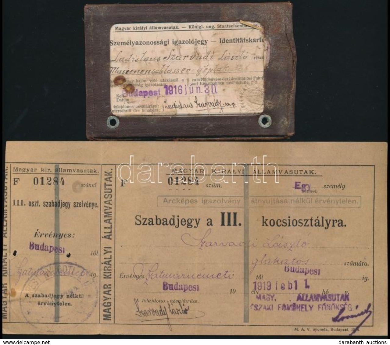 1912-1919 3 Db Vasúti Szabadjegy, Egy Vasúti Fényképes Igazolvány / Railway Tickets And Id - Ohne Zuordnung