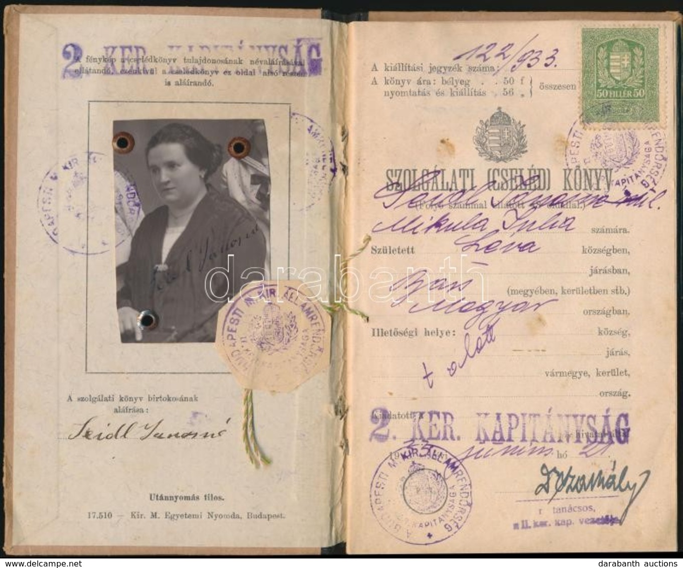 1933 Szolgálati Cselédkönyv, Fényképpel, Okmánybélyeggel, Bejegyzésekkel - Unclassified