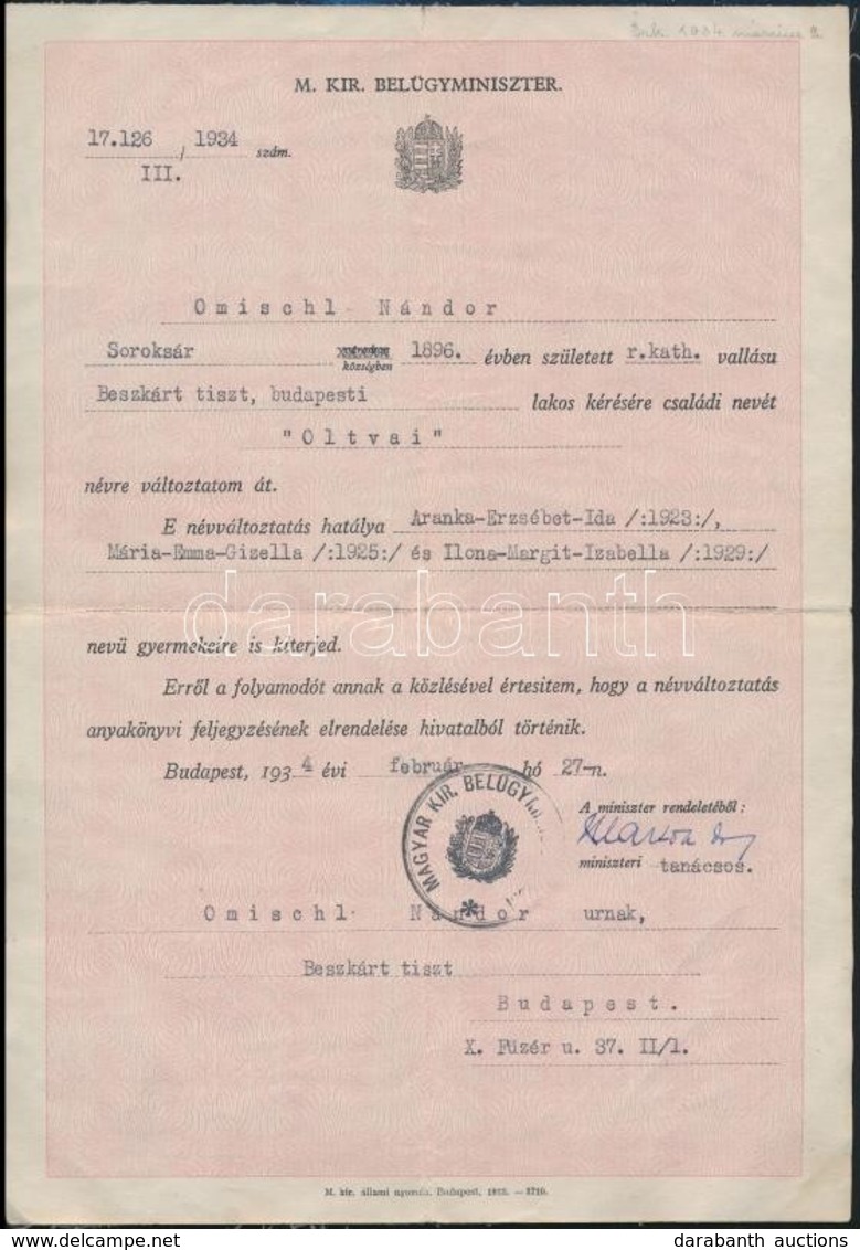 1934 Beszkárt Tiszt Névváltoztatási Kérelme - Sin Clasificación