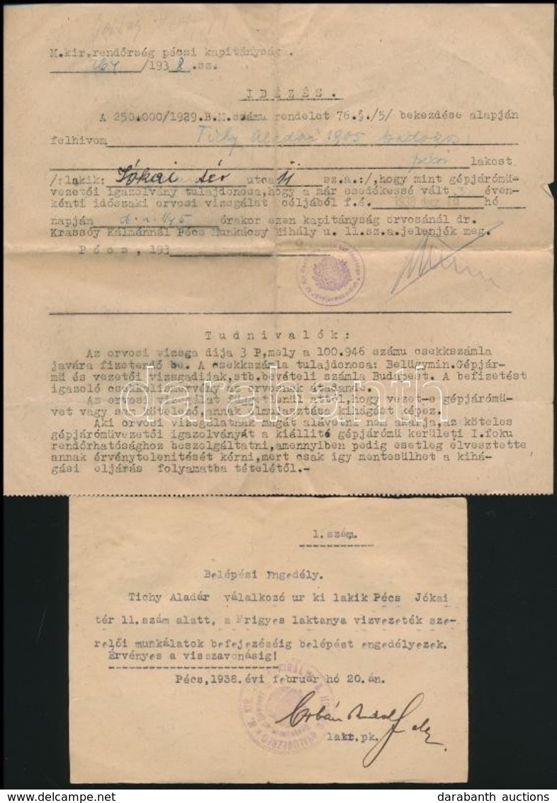 1934-1938 Pécs, 2 Db M. Kir. államrend?rségi Idézés, 1 Db Laktanyai Belépési Engedély, Az Egyik Széle Szakadozott. - Unclassified