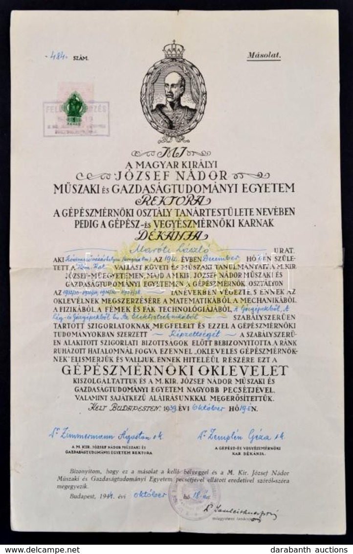 1939 Gépészmérnöki Diploma Korabeli Hiteles Másolata - Ohne Zuordnung