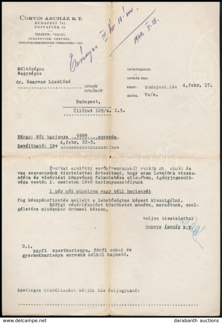 1944 Bp., A Corvin Áruház Rt. Fejléces Levélpapírjára írt Levél Harisnyavásárlással Kapcsolatos ügyben - Ohne Zuordnung