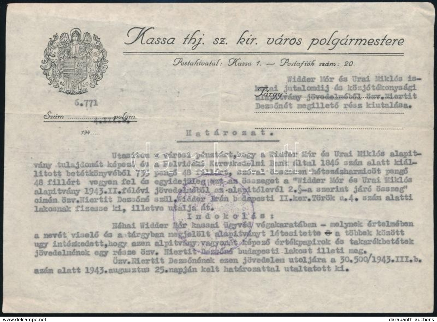1944 Irat Pohl Sándor Kassai Polgármester Aláírásával - Sin Clasificación