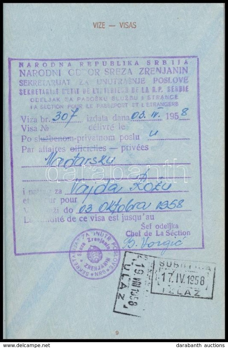1958 Jugoszláv útlevél Magyar Személy Részére, Magyarországi Vízumbejegyzésekkel - Ohne Zuordnung
