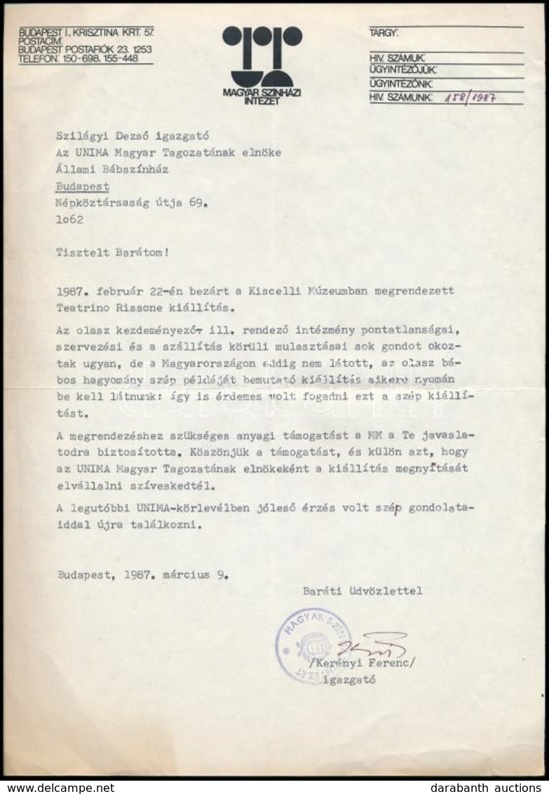 1987 Kerényi Ferenc (1944-2008) Színháztörténész, Irodalomtörténész, Egyetemi Tanár Gépelt Sorai és Saját Kez? Aláírása  - Otros & Sin Clasificación