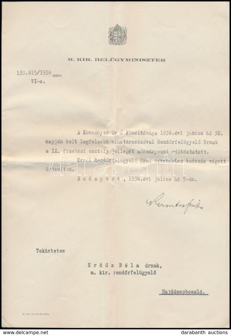 1938 Keresztes-Fischer Ferenc (1881-1948) Belügyminiszter Saját Kézzel Aláírt Adományozó Levele - Sonstige & Ohne Zuordnung