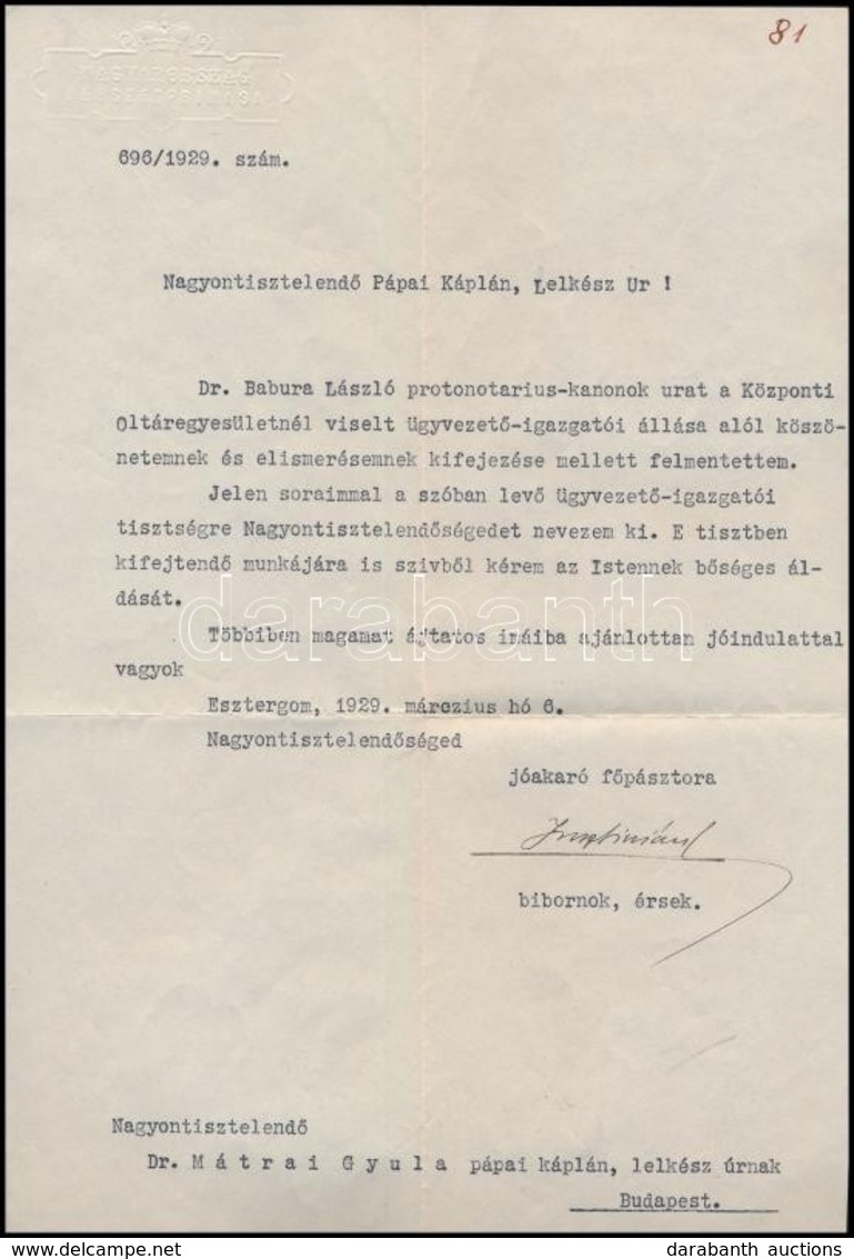 1929 Serédi Jusztinián (1884-1945) Bíboros Saját Kez?leg Aláírt Kinevez? Okmánya, Borítékkal - Otros & Sin Clasificación