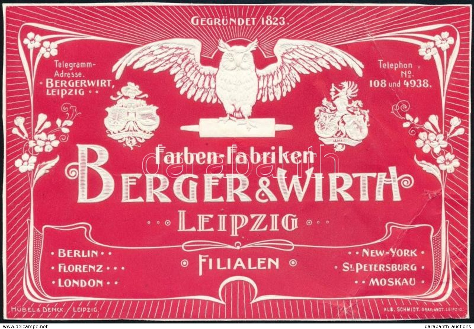 Berger & Wirth Farben-Fabriken Leipzig Dombornyomott Reklámcédula, Gy?r?déssel - Werbung