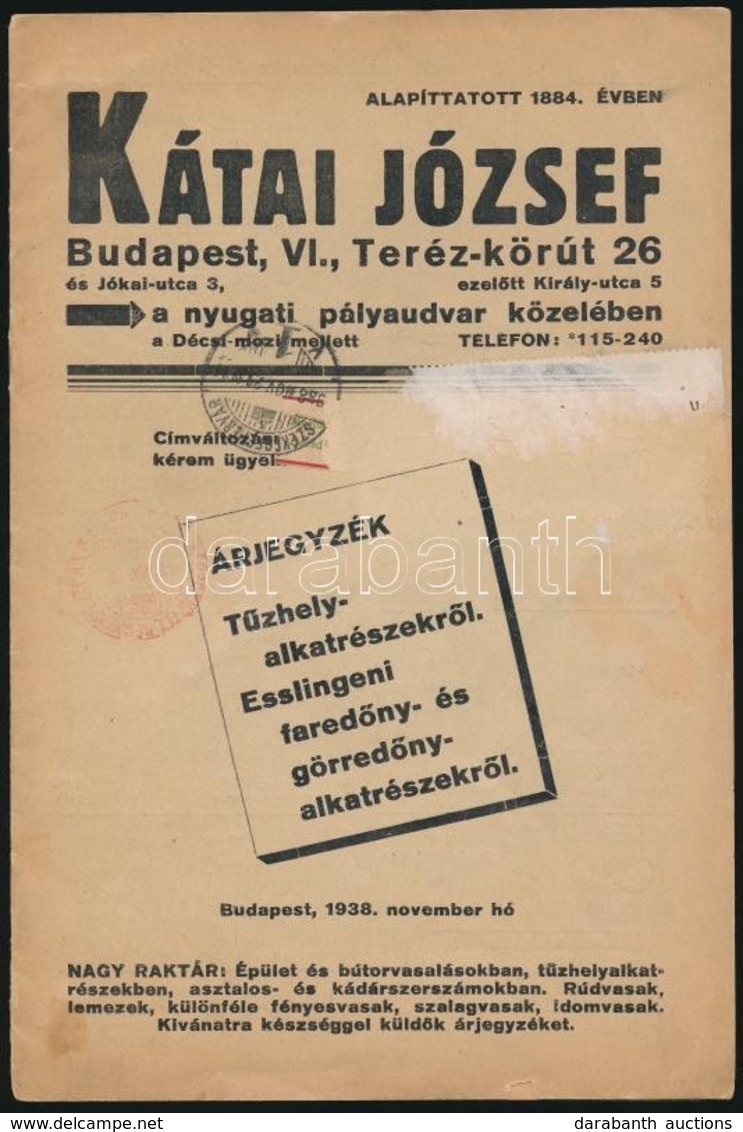 1938 Kátai József Képes Fémáru árjegyzéke - Publicidad