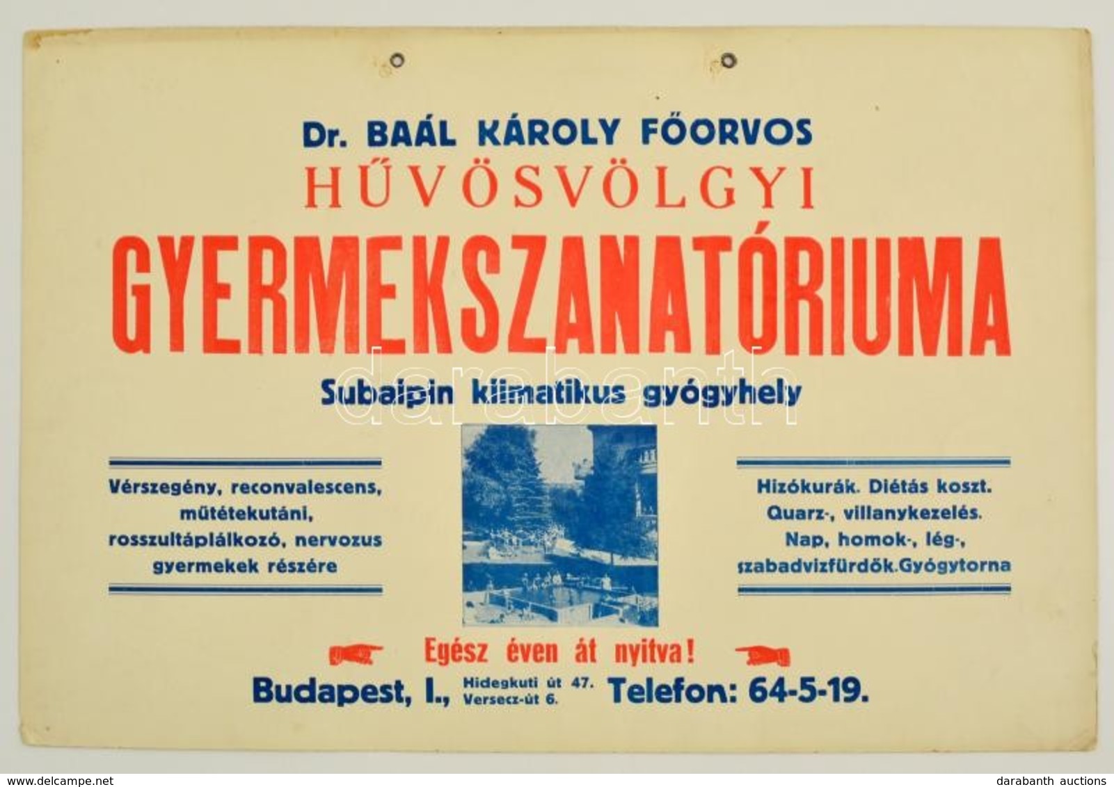 Cca 1920 H?vösvölgy Dr. Baál Károly F?orvos Gyermekszanatóriuma Reklámtábla, Karton, 33x50 Cm - Advertising