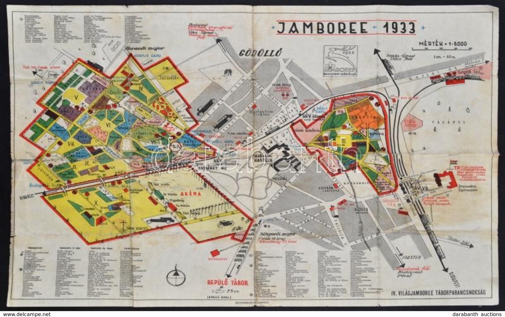 1933 A Gödöll?i Jamboree Színes Térképe,1:6000, Bp., Athenaeum, Hajtásnyomokkal, Kopott, 40×55 Cm - Scouting