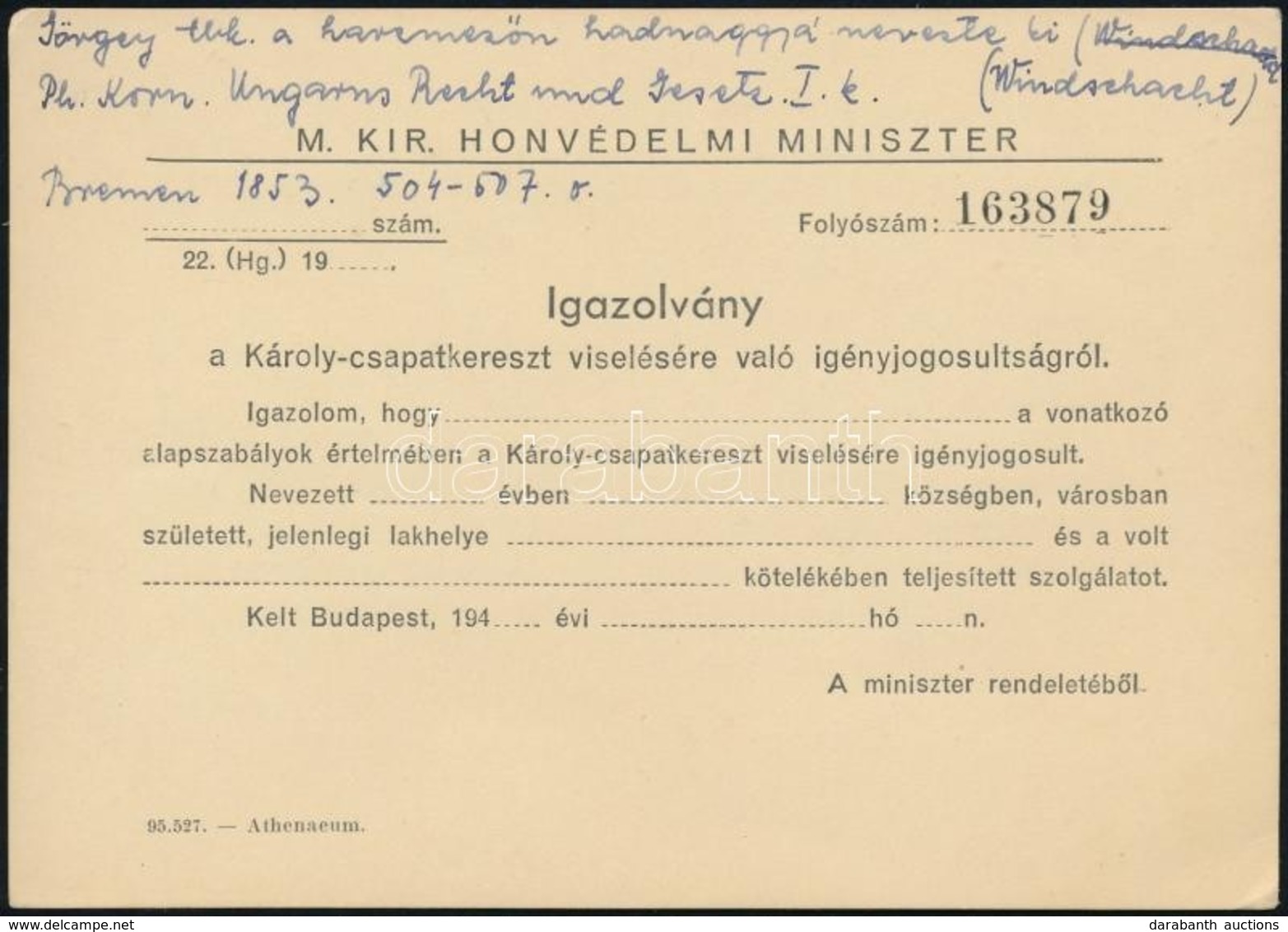 Cca 1940 Kitöltetlen Igazolvány Károly-csapatkereszt Viselésér?l - Sonstige & Ohne Zuordnung