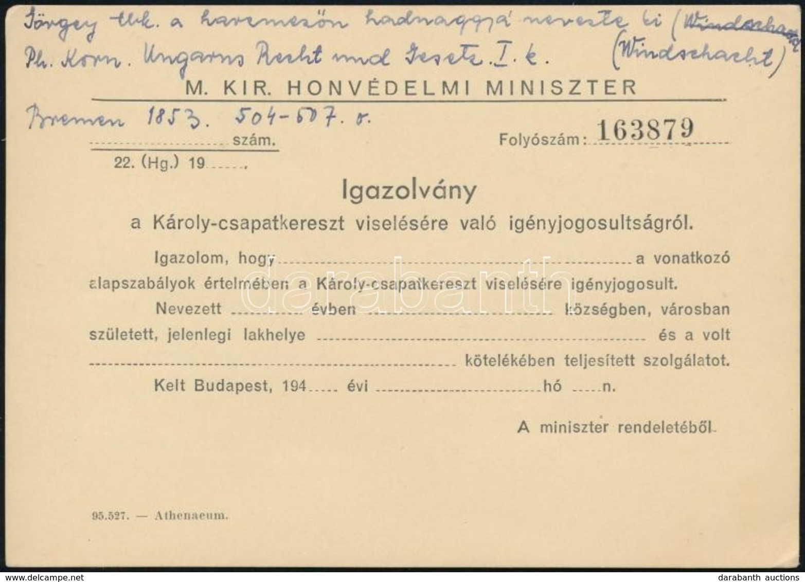 Cca 1940 Kitöltetlen Igazolvány Károly-csapatkereszt Viselésér?l - Autres & Non Classés