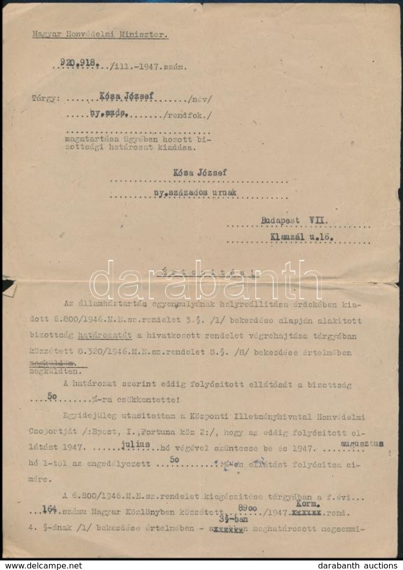 1946-1947 Magyar Honvédelmi Miniszter értesítése 50% Nyugdíj Csökkentésr?l, Az Egyiken Bartóffy Miklós (1882-1964) Vezér - Sonstige & Ohne Zuordnung