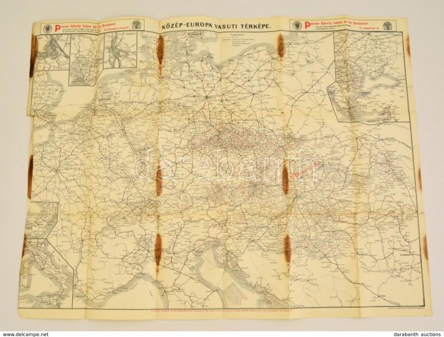 Cca 1910 Közép-Európa Vasuti Térképe, Bp. Posner Károly Lajos és Fia, Foltos, Kissé Szakadozott, 52x69 Cm./ Cca 1910 Rai - Sonstige & Ohne Zuordnung