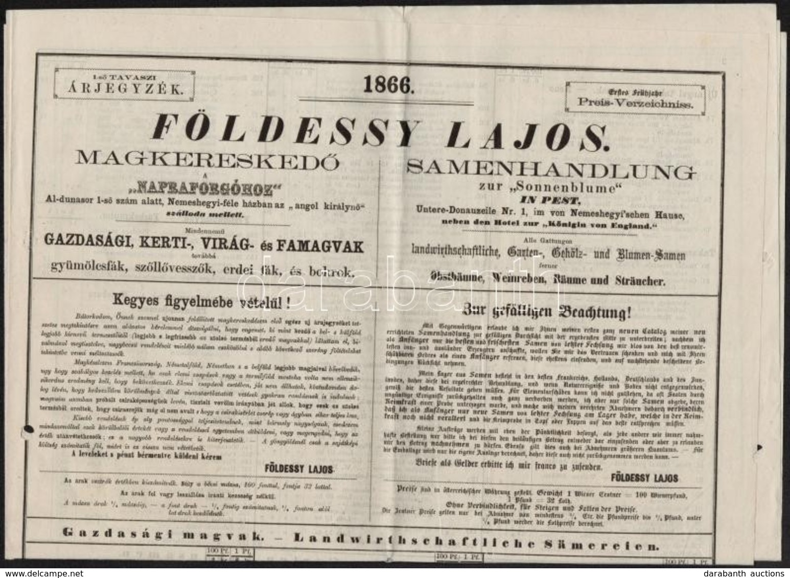 1866 Földessy Lajos Magkeresked? 1-s? Tavaszi árjegyzéke, Magyar és Német Nyelven, Pest, Pollak-ny., Lyukasztás Nyomokka - Ohne Zuordnung