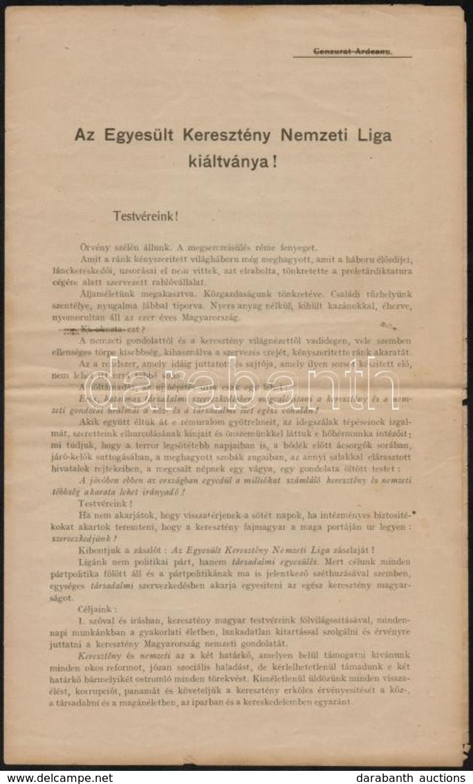 1919 Az Egyesült Keresztény Nemzeti Liga Kiáltványa - Ohne Zuordnung