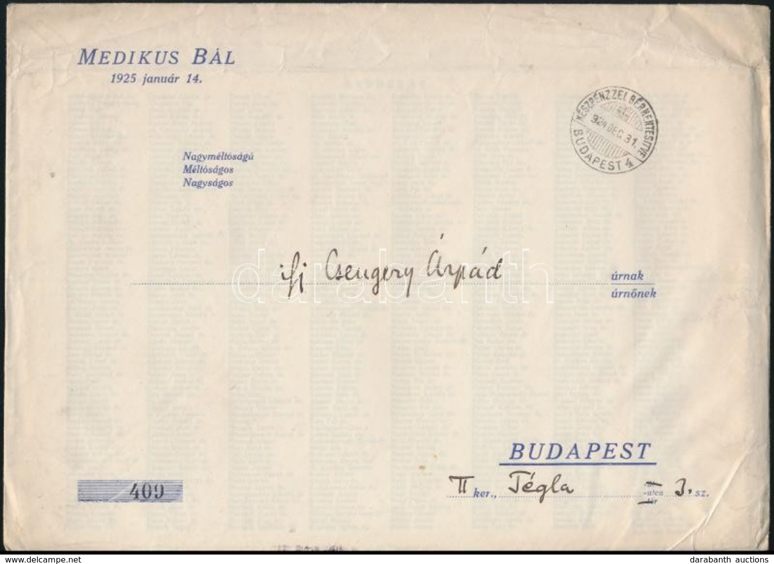 1925 Meghívó Medikus Bálra, Borítékkal - Ohne Zuordnung