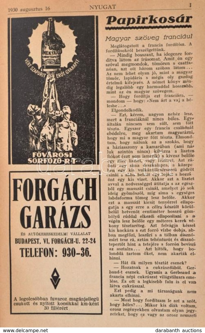 1930 Nyugat. Huszonharmadik Nem Teljes évfolyam, 1930. Május-augusztus. Szerk.: Móricz Zsigmond, Babits Mihály, Gellért  - Ohne Zuordnung