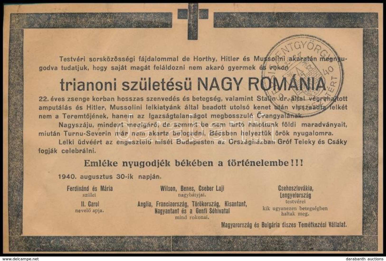 1940 Humoros Gyászjelentés A Trianoni Születés? Nagy-Románia Elhalálozásáról 17x11 Cm - Sin Clasificación