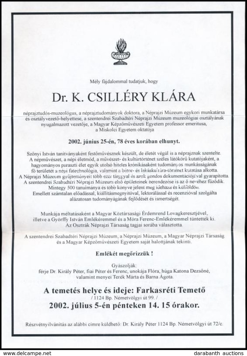 2002 Dr. K. Csilléry Klára (1923-2002) Néprajztudós Egyetemi Tanár, Muzeológus Halálozási értesít?je. - Sin Clasificación