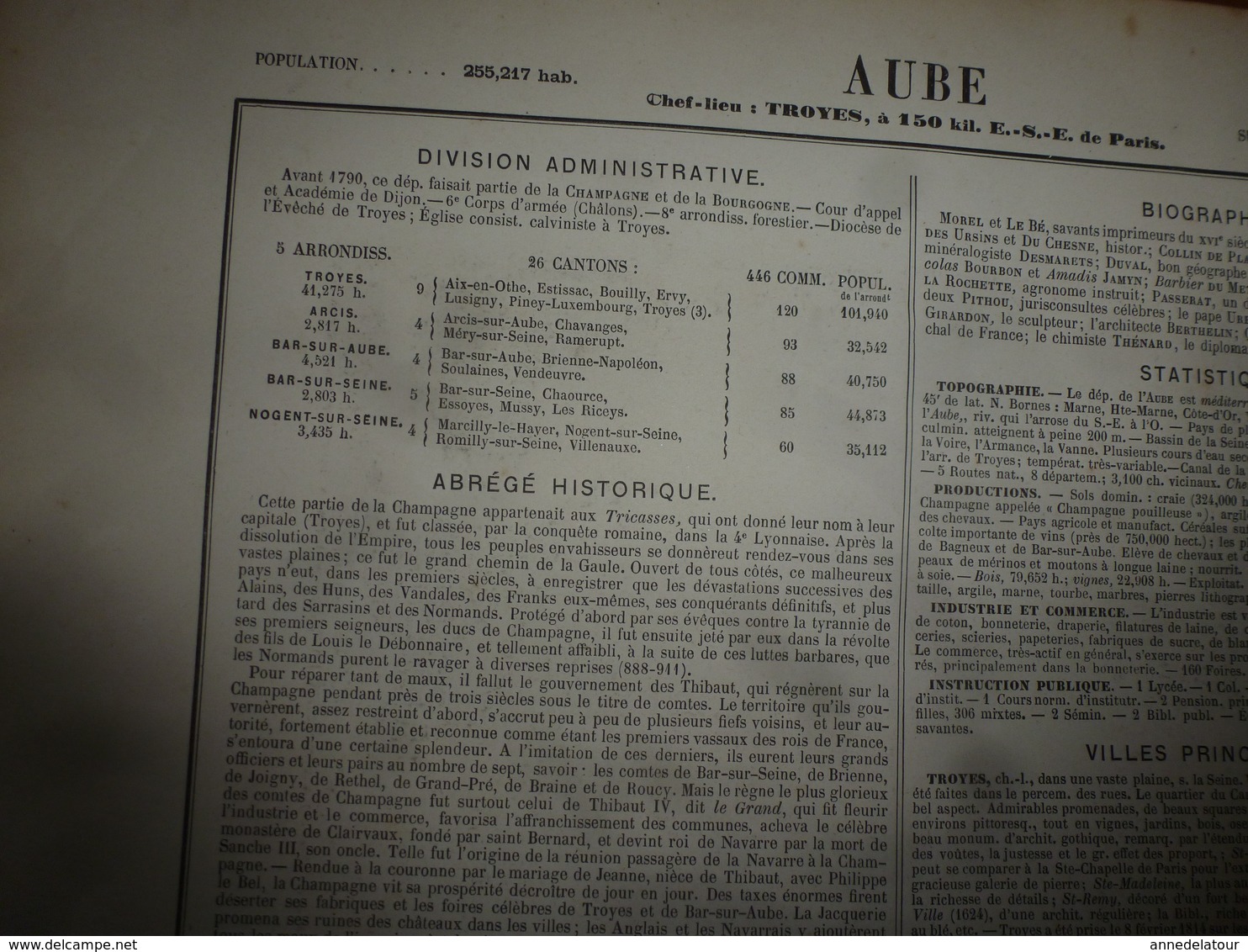 1880 Carte Géographique avec Descriptif de l' AUBE (Troyes),gravures en taille douce par Migeon ,géographe-éditeur