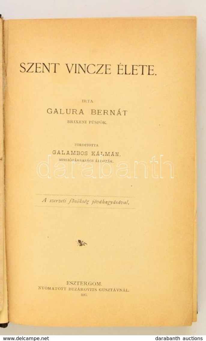 Galura Bernát: Szent Vincze élete. Ford. Galambos Kálmán. Esztergom, 1885. Buzárovits Gusztáv. VIII. 551 L. 2 T. (rézmet - Sin Clasificación