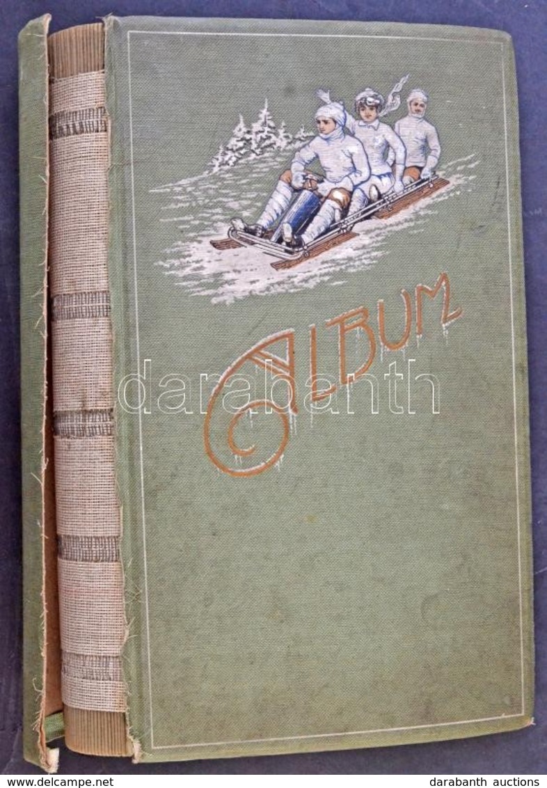 1910 Körüli Eredeti Képeslap Album, Kb. 500 Lap Tárolására Alkalmas, Szánkós Dombornyomott Borítóval, Gerincnél Kissé El - Sin Clasificación