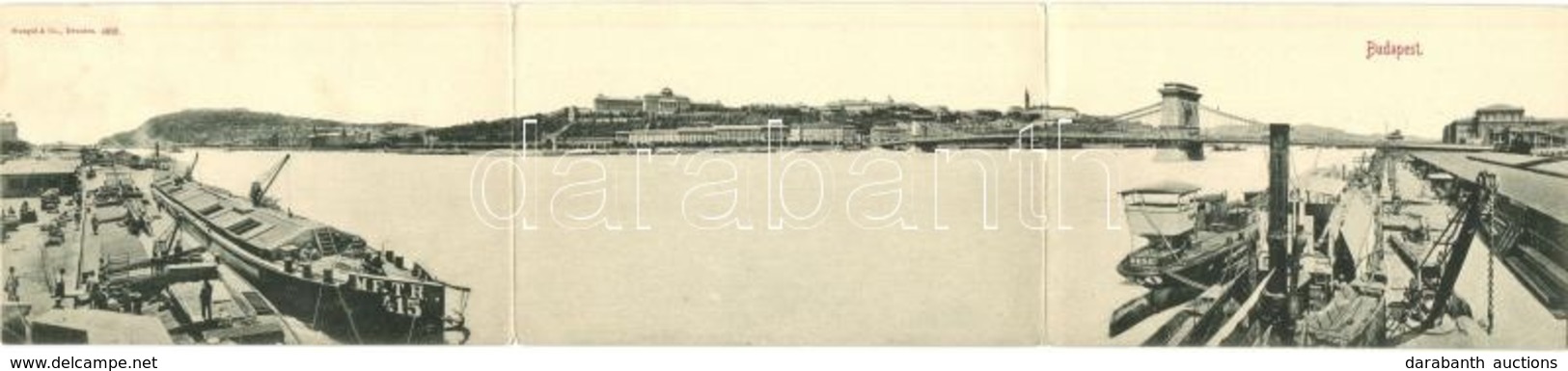 T2 1898 Budapest, Duna és Lánchíd, Rakpart, MFTR és DDSG Uszályok. Három-lapos Panorámalap / Three-tiled Panoramacard - Sin Clasificación