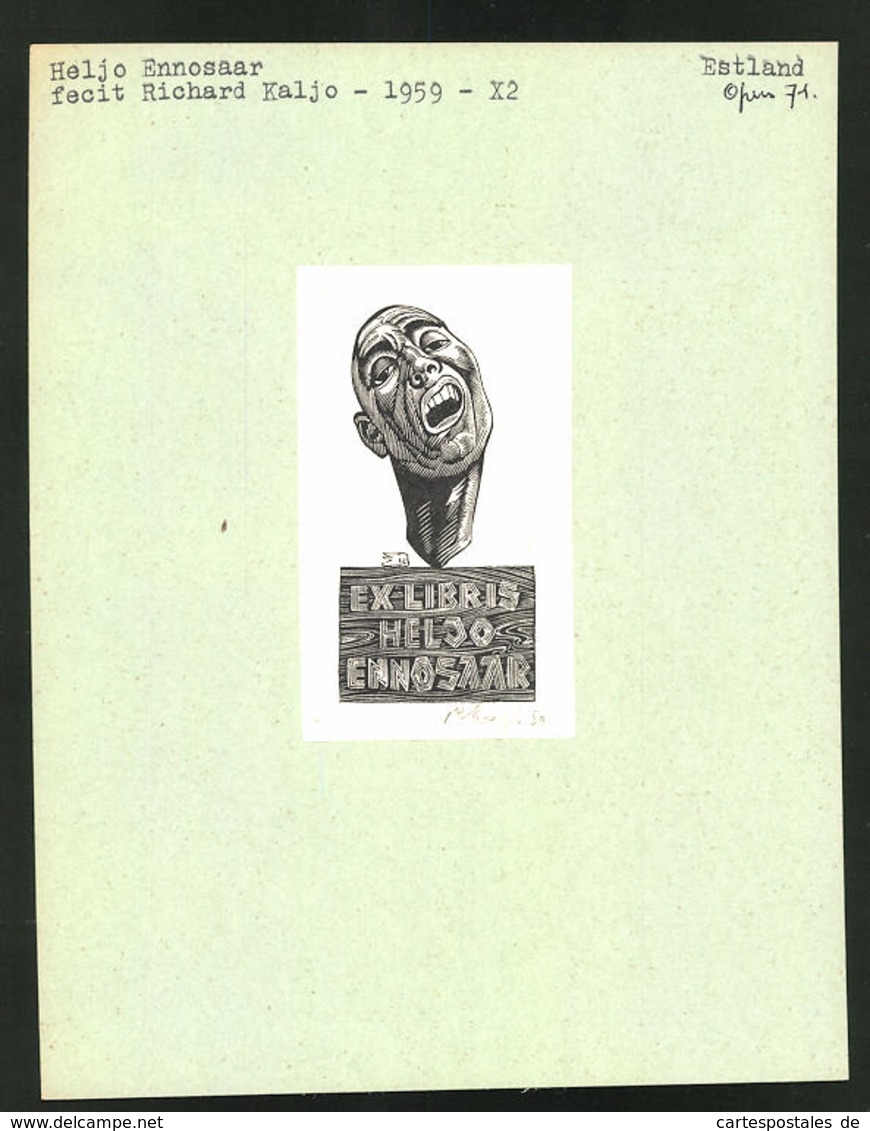 Ex-libris Von Richard Kaljo Für Heljo Ennosaar, Schreiende Männer-Büste - Ex Libris