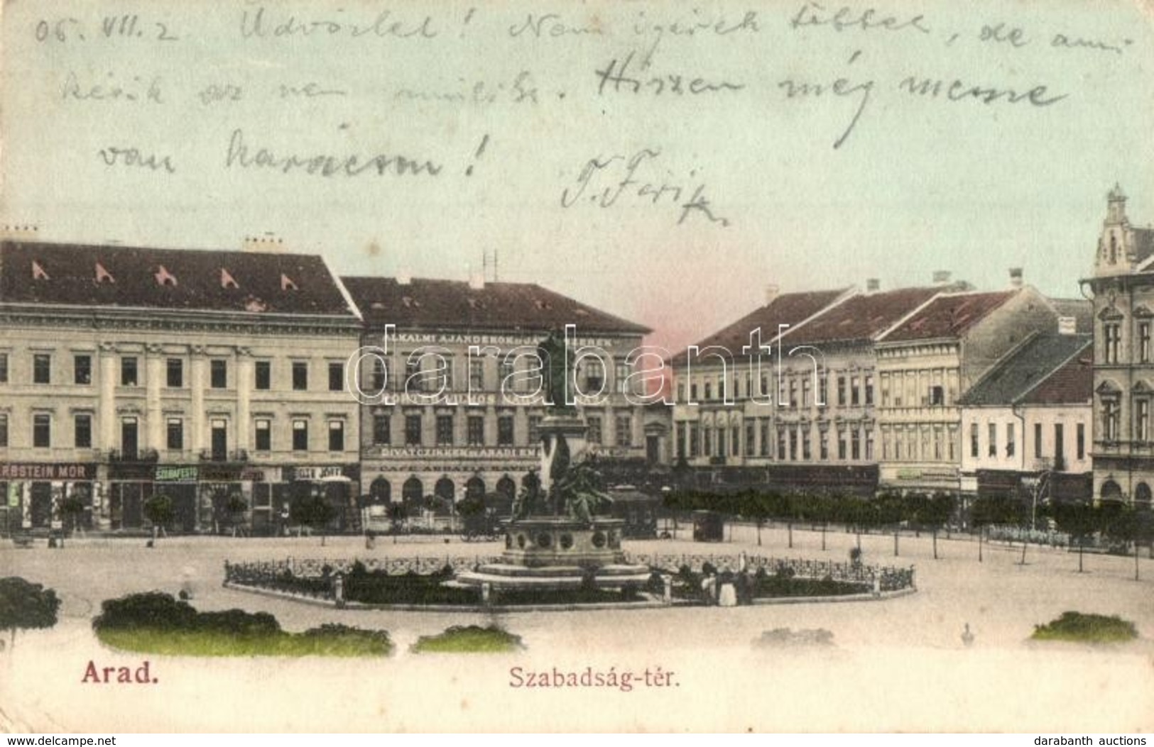 T2/T3 1905 Arad, Szabadság Tér, Abbazia Kávéház, Porter Vilmos Nagyáruháza, Herbstein Mór üzlete  / Square, Shops, Cafe  - Ohne Zuordnung