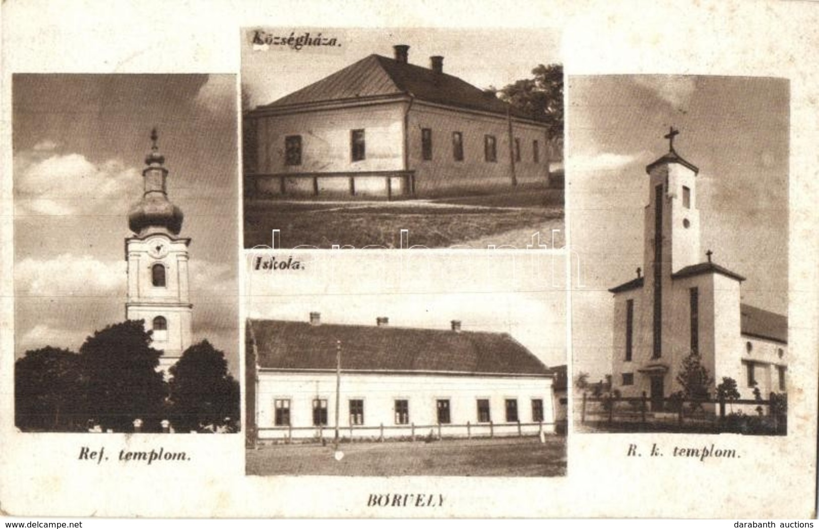 T2/T3 Börvely, Berveni; Református Templom, Községháza, Római Katolikus Templom, Iskola / Calvinist Church, Town Hall, C - Ohne Zuordnung