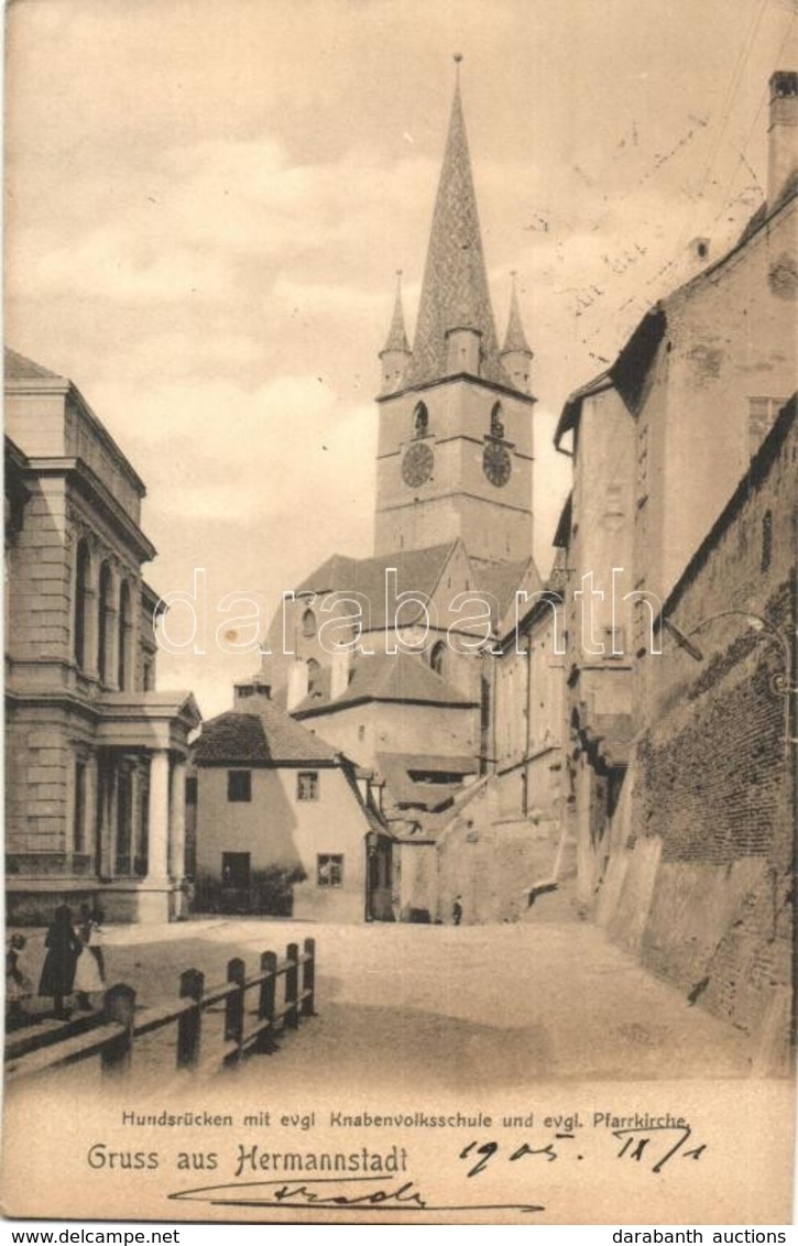 T2 1905 Nagyszeben, Hermannstadt, Sibiu; Hundsrücken, Evangélikus Fiú Iskola és Templom / Boy School And Church, Street  - Sin Clasificación