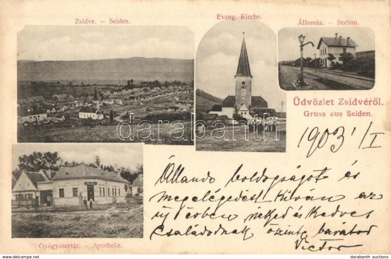 * T2/T3 1903 Zsidve, Seiden, Jidvei; Evang. Kirche, Station, Apotheke / Evangélikus Templom, Vasútállomás, Gyógyszertár  - Ohne Zuordnung