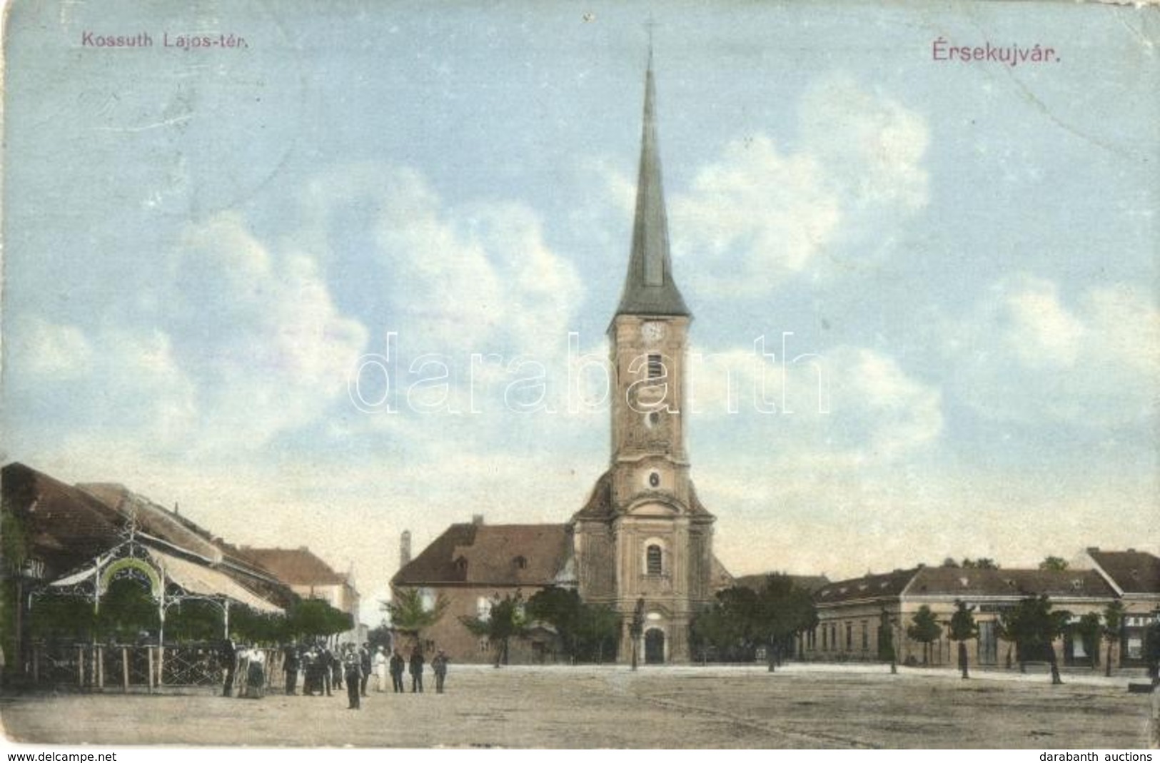 * T2/T3 1912 Érsekújvár, Nové Zámky; Kossuth Lajos Tér, Templom, Kávéház, üzletek. Schönberger Kiadása / Square, Church, - Unclassified