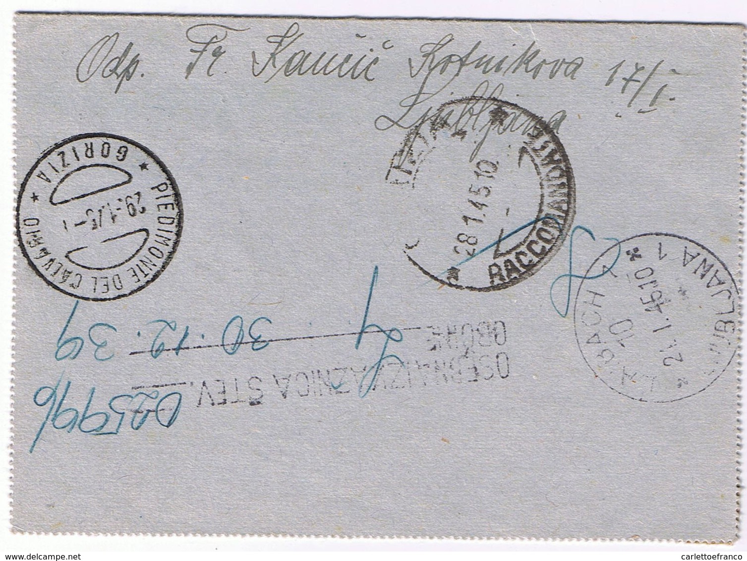 Rarissimo Biglietto Postale Raccomandato Con Sovraprezzo 1,25 - Lubiana-> Podgora (Gorizia) V. 1/1945 - Occup. Tedesca: Lubiana