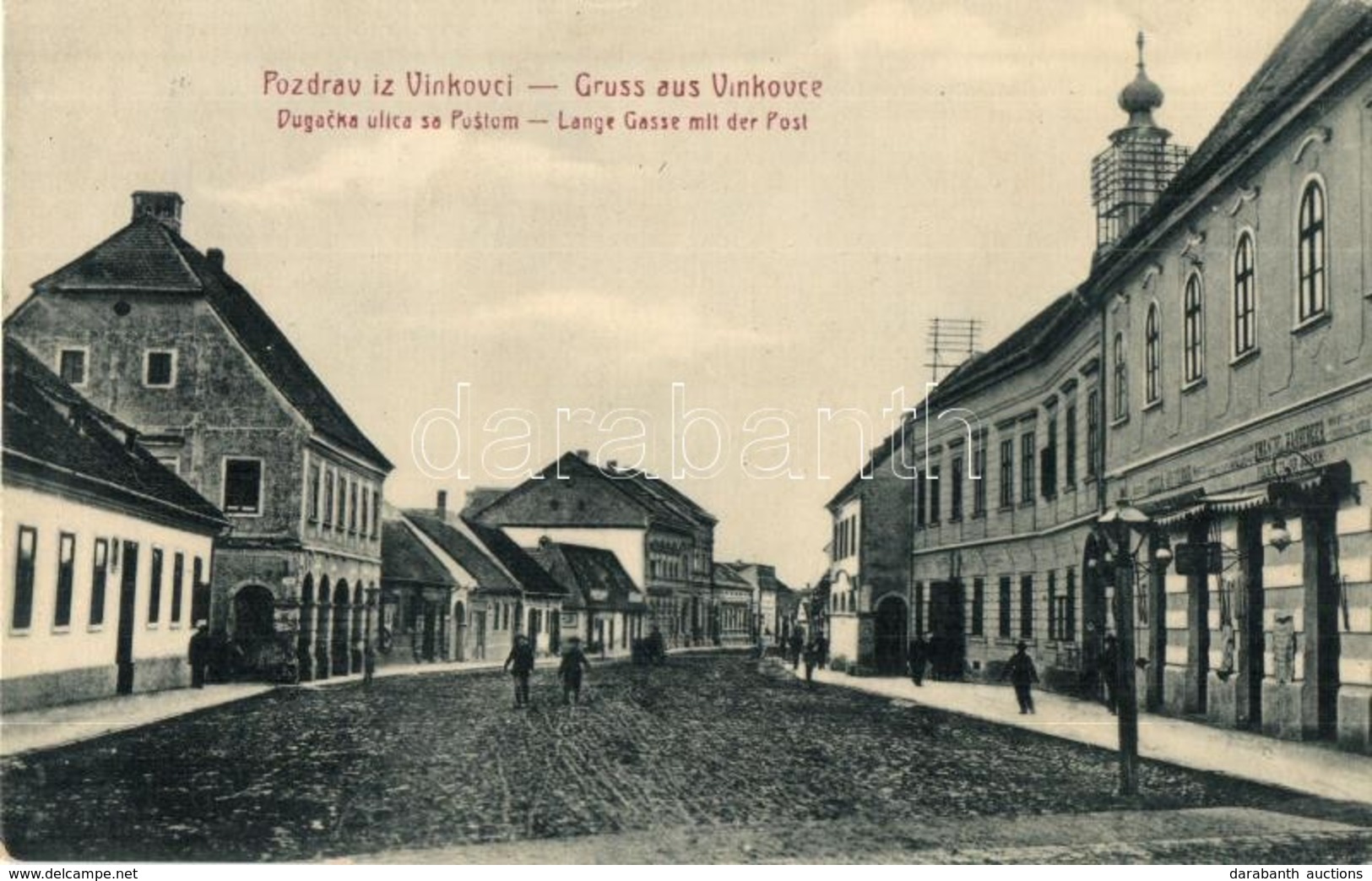 T2 Vinkovce, Vinkovci; Dugacka Ulica Sa Postom / Lange Gasse Mit Der Post / Hosszú Utca, Posta Hivatal, Harberger üzlete - Sin Clasificación