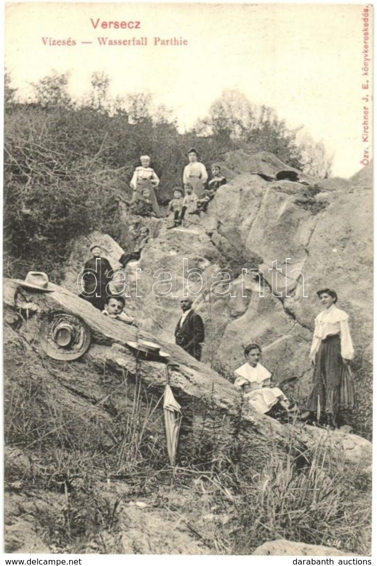 T2/T3 1907 Versec, Werschetz, Vrsac; Vízesés Kirándulókkal. Özv. Kirchner I.E. Kiadása / Wasserfall / Waterfall With Hik - Non Classés