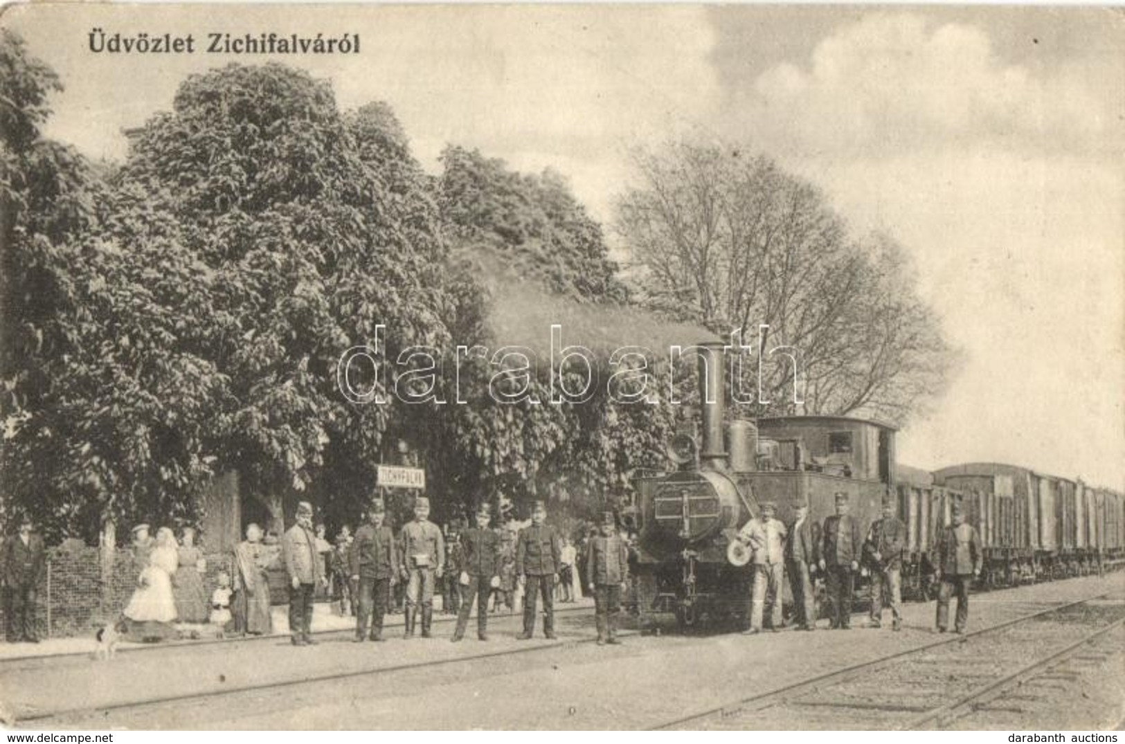 T2/T3 Zichyfalva, Zichydorf, Plandiste; Vasútállomás, Vasutasok, G?zmozdony. Kühn M. Kiadása / Bahnhof / Railway Station - Non Classés