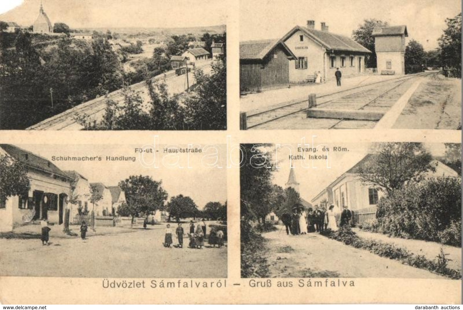 T4 1915 Sámfalva, Hannersdorf; F? út, Evangélikus és Római Katolikus Iskola, Vasútállomás, Schuhmacher üzlete / Hauptstr - Sin Clasificación