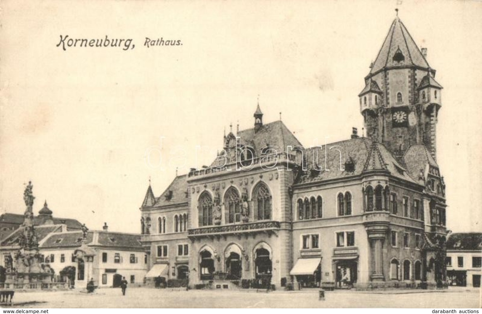 ** T2 Korneuburg, Rathaus. Verlag Julius Kühkopf / Town Hall, Trinity Statue, Moriz Sofer's Shop - Ohne Zuordnung