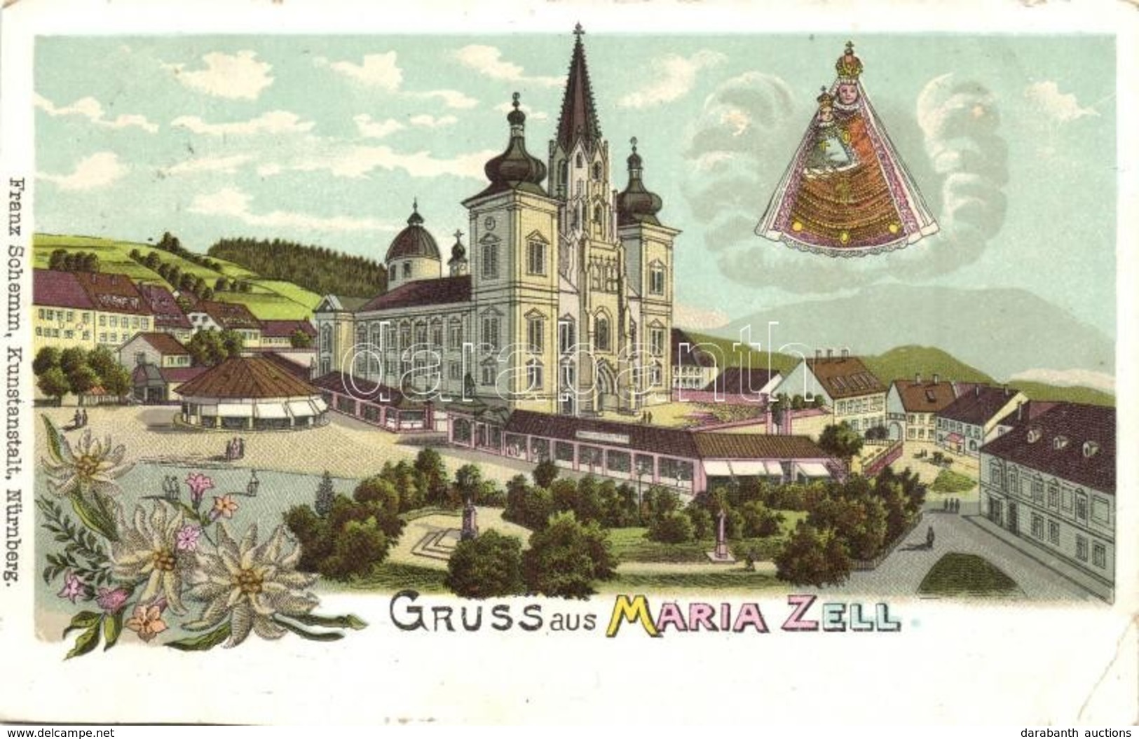 T3 Mariazell, Wallfahrtskirche, Verlag Franz Schemm / Church, Floral, Litho (kis Szakadás / Small Tear) - Ohne Zuordnung