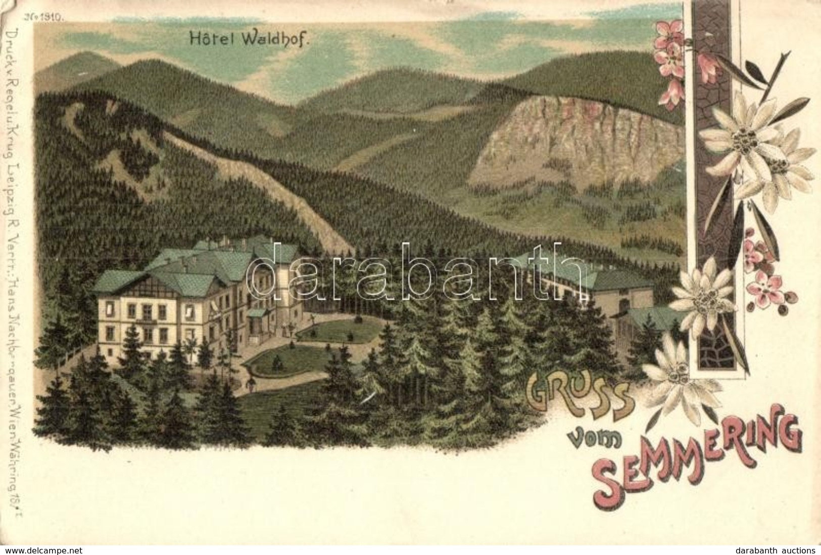 ** T2/T3 Semmering, Hotel Waldhof. Regel & Krug No. 1910. Floral, Litho  (tiny Tear) - Ohne Zuordnung