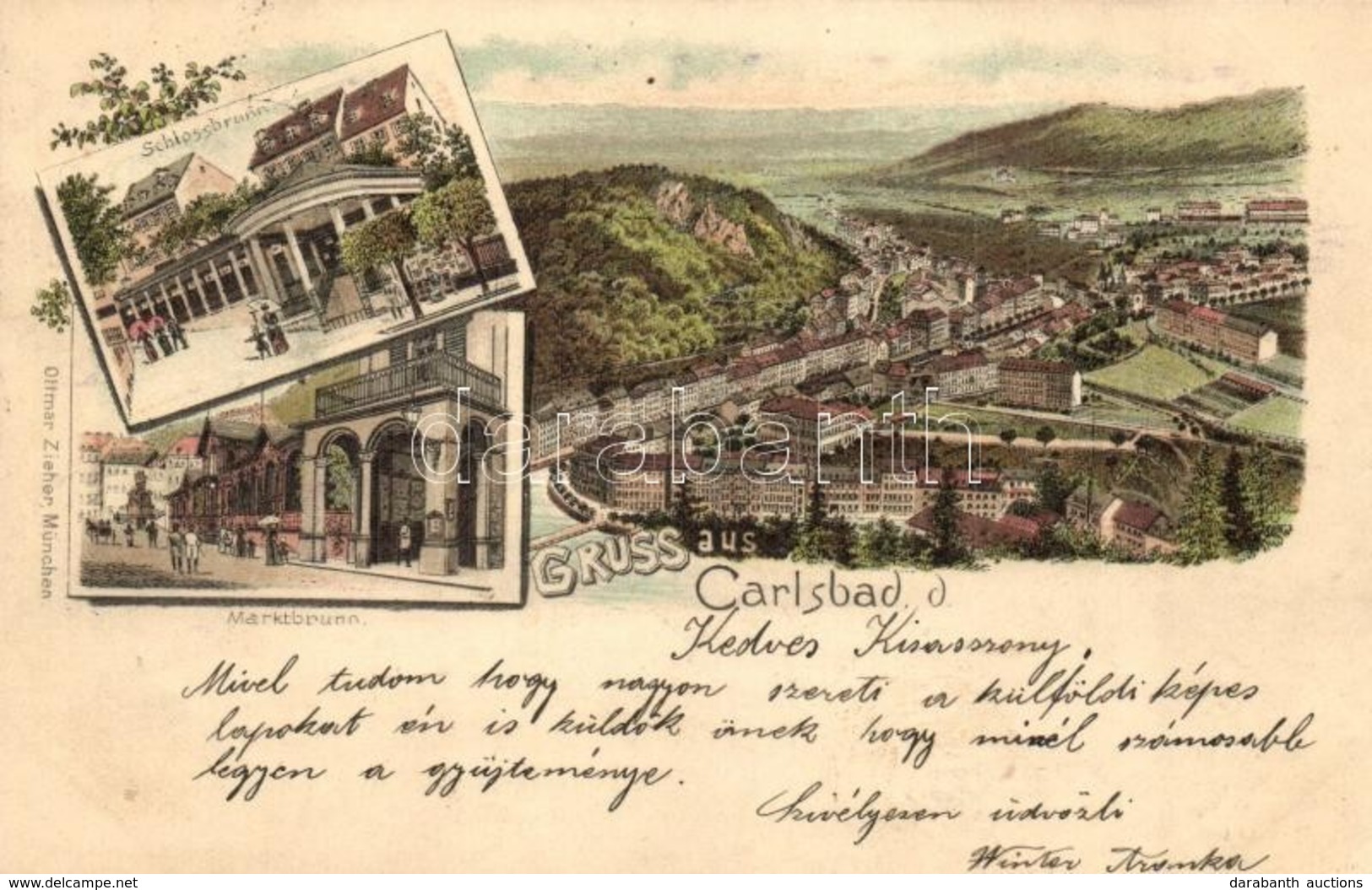 * T3 1898 Karlovy Vary, Carlsbad, Karlsbad; Marktbrunnen, Schlossbrunnen / Fountains. Ottmar Zieher Floral, Art Nouveau, - Non Classés