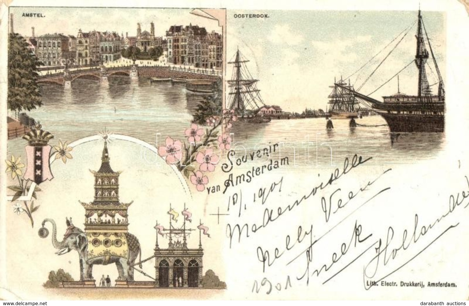 T2/T3 Amsterdam, Amstel, Oosterdok / River, Port. Lith. Electr. Drukkerij Art Nouveau, Floral, Litho - Ohne Zuordnung