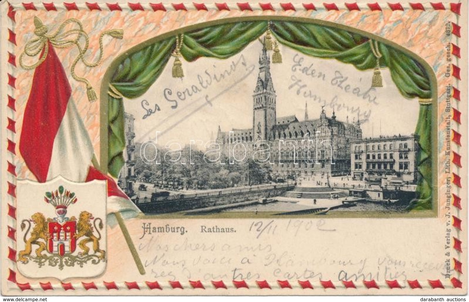 T2/T3 Hamburg, Rathaus; Verlag Von J. Junginger / Town Hall, Flag, Coat Of Arms Emb. Litho Frame - Ohne Zuordnung