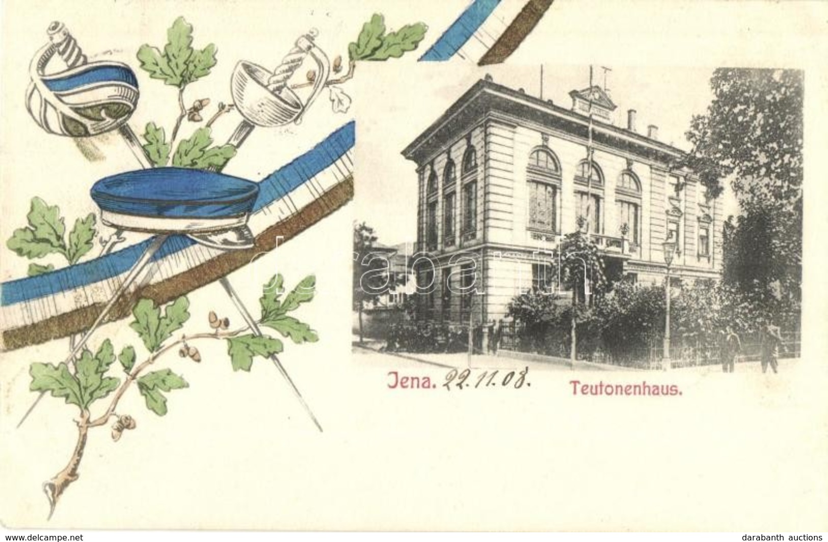 T2/T3 1908 Jena, Teutonenhaus. Verlag Ernst Gollub / Student Fraternity House. Studentica, Fencing Art Postcard (EK) - Ohne Zuordnung