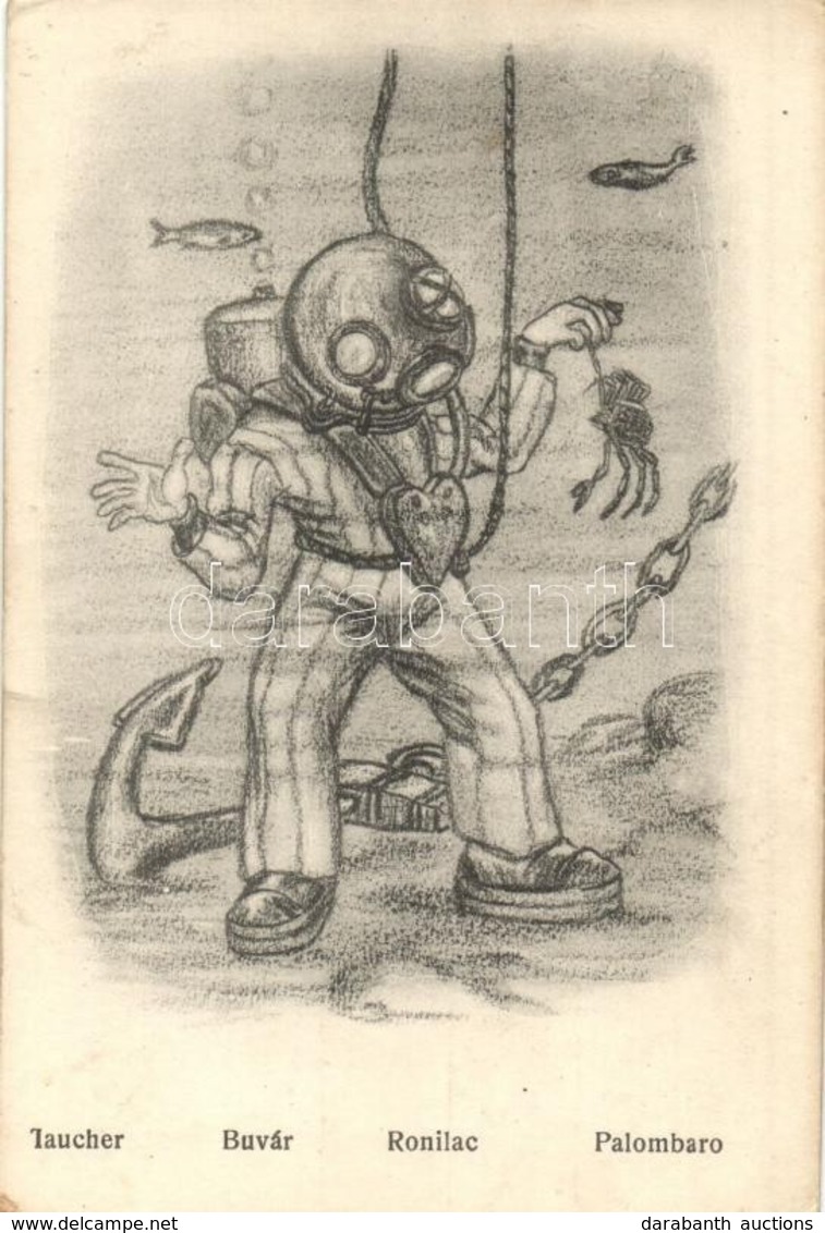 ** T2 Búvár / Taucher / Ronilac / Palombaro / K.u.K. Kriegsmarine Mariners Art Postcard, Diver. G. Fano 2043. 1917. Unsi - Unclassified