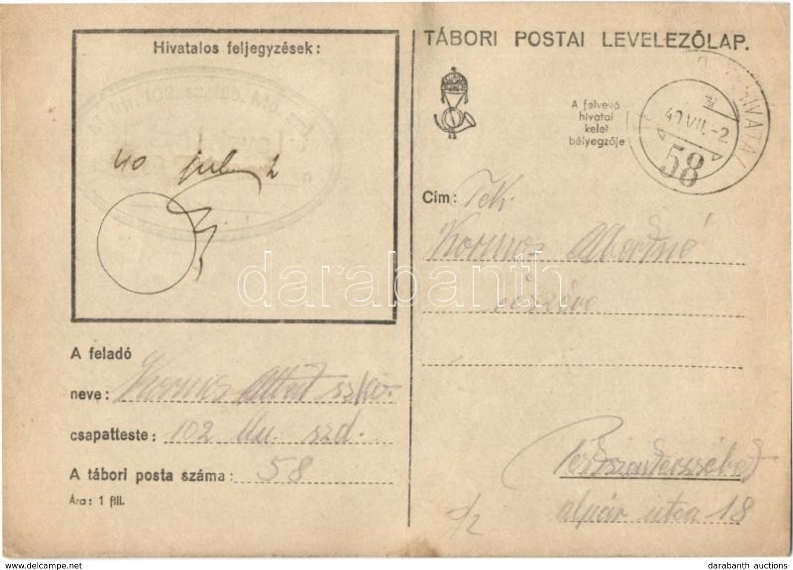 T2/T3 1940 Kormos Albert Zsidó KMSZ (közérdek? Munkaszolgálatos) Levele Feleségének Kormos Albertnének. 102. Mu. Szd. 58 - Unclassified